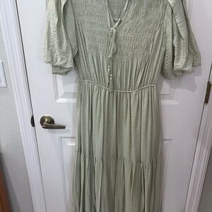 Moon River Sage Green Tiered Midi Dress with Puff Sleeves